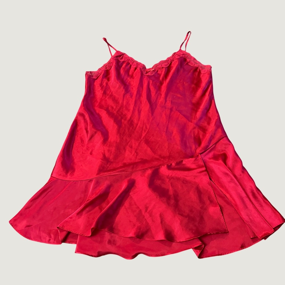 Delicates Red Satin Lace Trim Ruffle Hem Chemise Nightgown Large